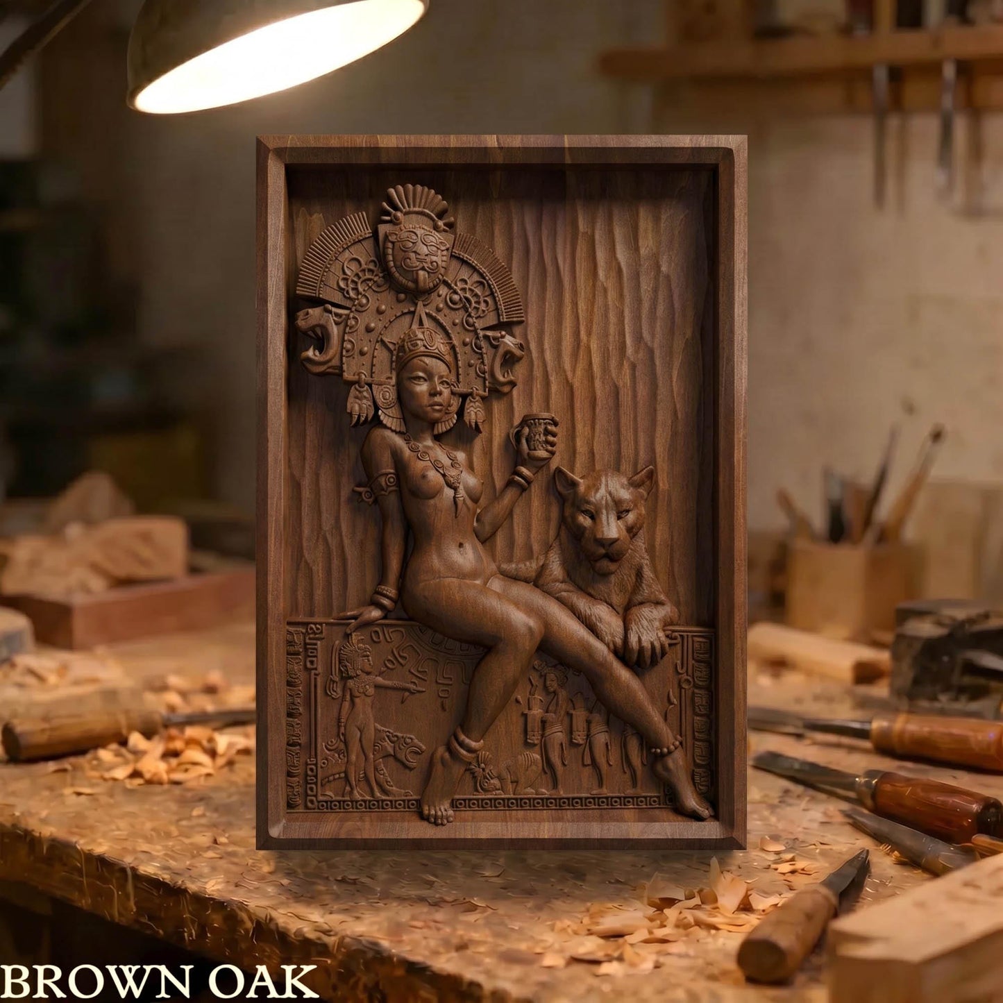 Aztec Woman Framed Bas Relief | Wooden Woman Carving | Sculptural Gift Idea
