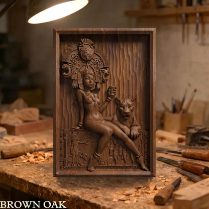Aztec Woman Framed Bas Relief | Wooden Woman Carving | Sculptural Gift Idea