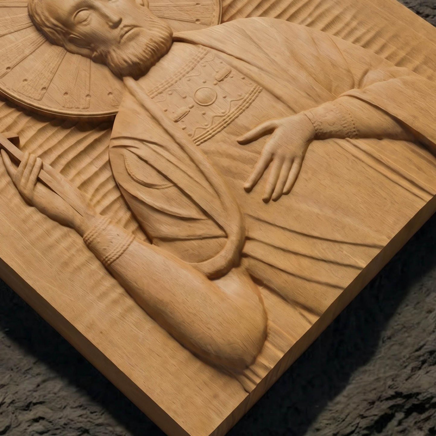 Saint Leonidas Wooden Carved Handmade Christian Icon Flat Side Natural Wood Color Cretan Holy Carvings