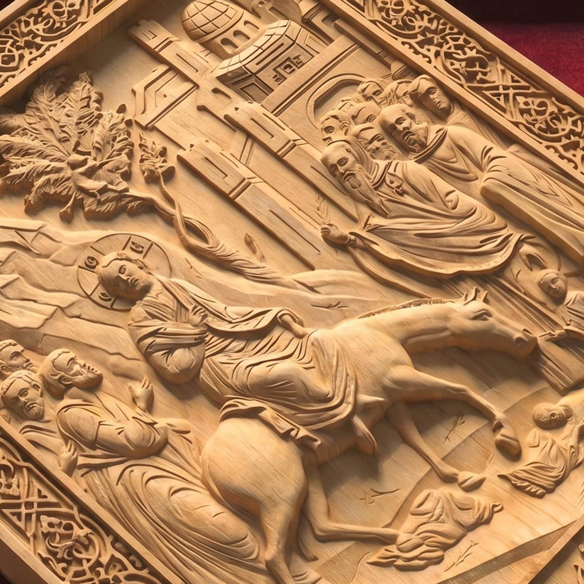 Jesus Christ Triumphal Entry  Wooden Carved Handmade Christian Icon Flat Side Natural Wood Color Cretan Holy Carvings