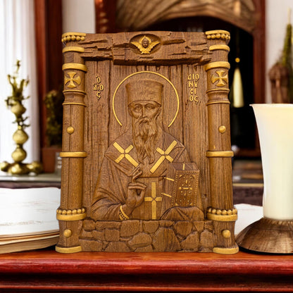 Saint Dionysios of Zakynthos Wooden Carved Handcrafted Christian Religious Icon. Byzantine Home Wall Art Decor Gift. Orthodox Greek Woodcarving Sculpture.
