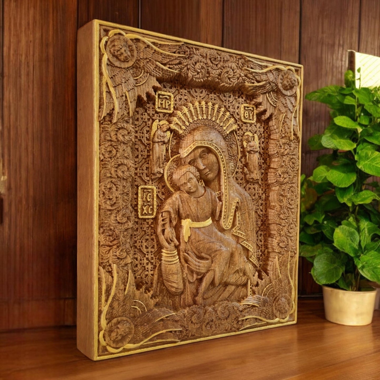 Virgin Mary Mother of God Axion Esti Wooden Carved Handmade Christian Icon. Byzantine Decor.