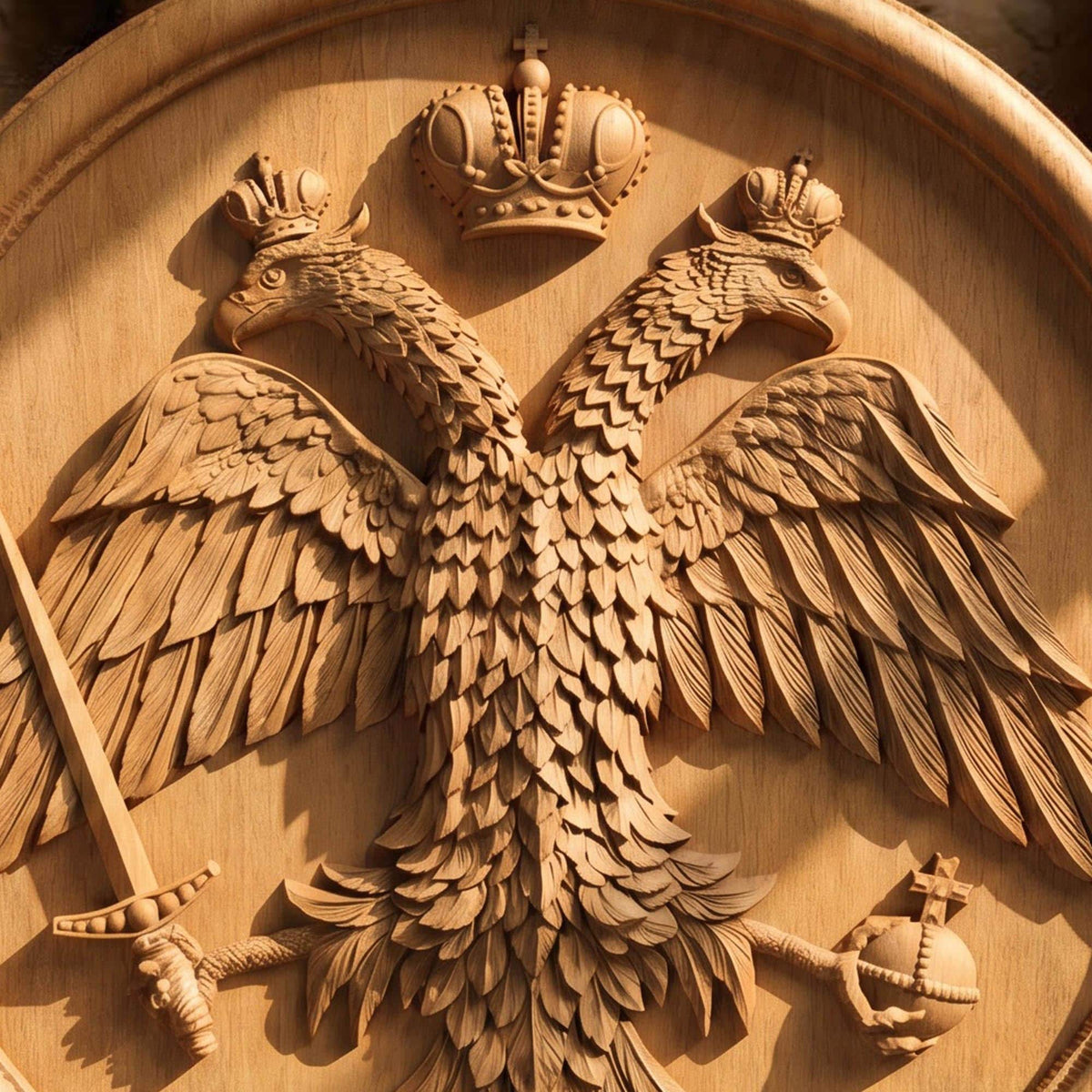 Byzantine Double Headed Eagle Plate Wooden Carved Handmade Christian Icon Front Side Natural Wood Color Cretan Holy Carvings