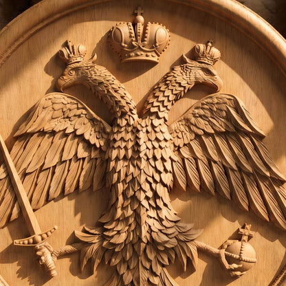 Byzantine Double Headed Eagle Plate Wooden Carved Handmade Christian Icon Front Side Natural Wood Color Cretan Holy Carvings