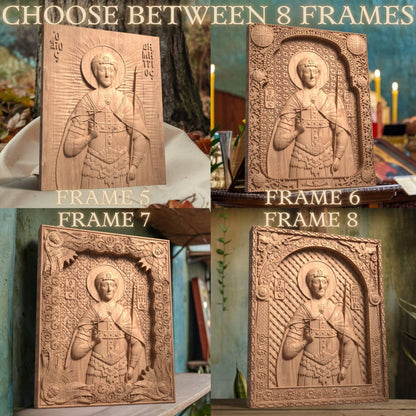 Saint Demetrius of Thessaloniki Wooden Carved Handcrafted Christian Religious Icon. Byzantine Home Wall Art Decor Gift. Orthodox Greek Woodcarving Sculpture.