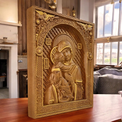 Virgin Mary Mother of God Wooden Carved Handcrafted Christian Religious Icon. Byzantine Home Wall Art Decor Gift. Orthodox Greek Woodcarving Sculpture.