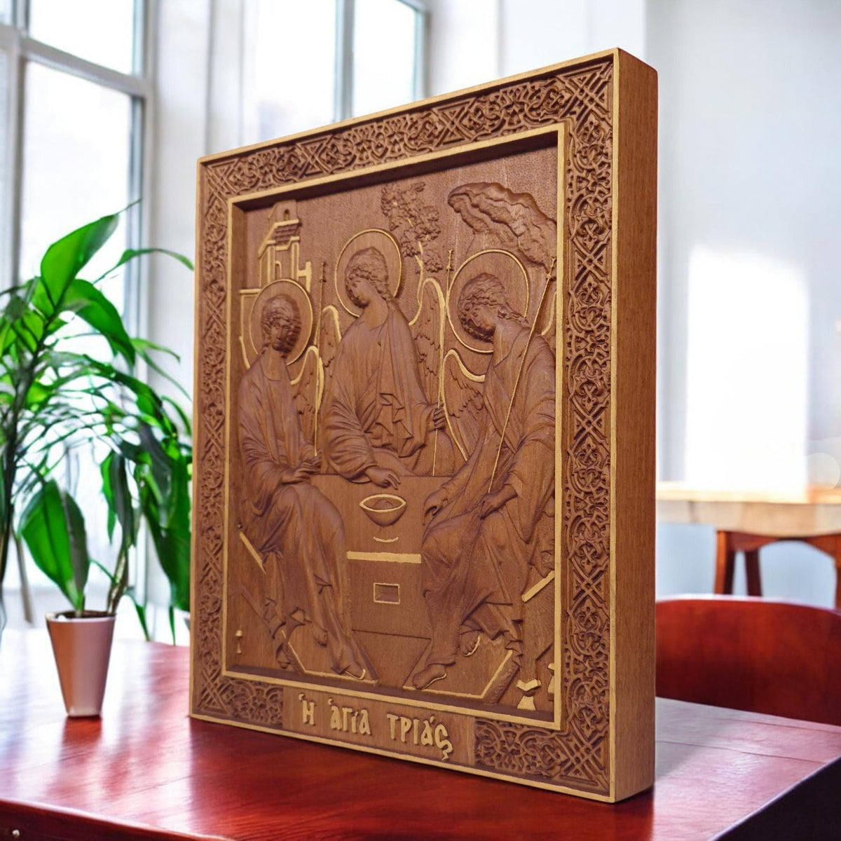 Holy Trinity Wooden Carved Handmade Christian Icon. Byzantine Greek Orthodox Home Art Decor.