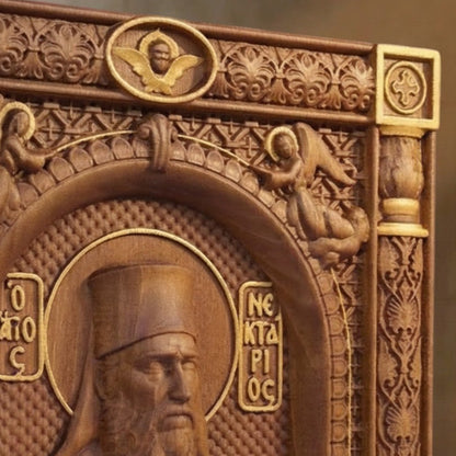 Saint Nectarios of Aegina Wooden Carved Handcrafted Christian Religious Icon. Byzantine Home Wall Art Decor Gift. Orthodox Greek Woodcarving Sculpture.