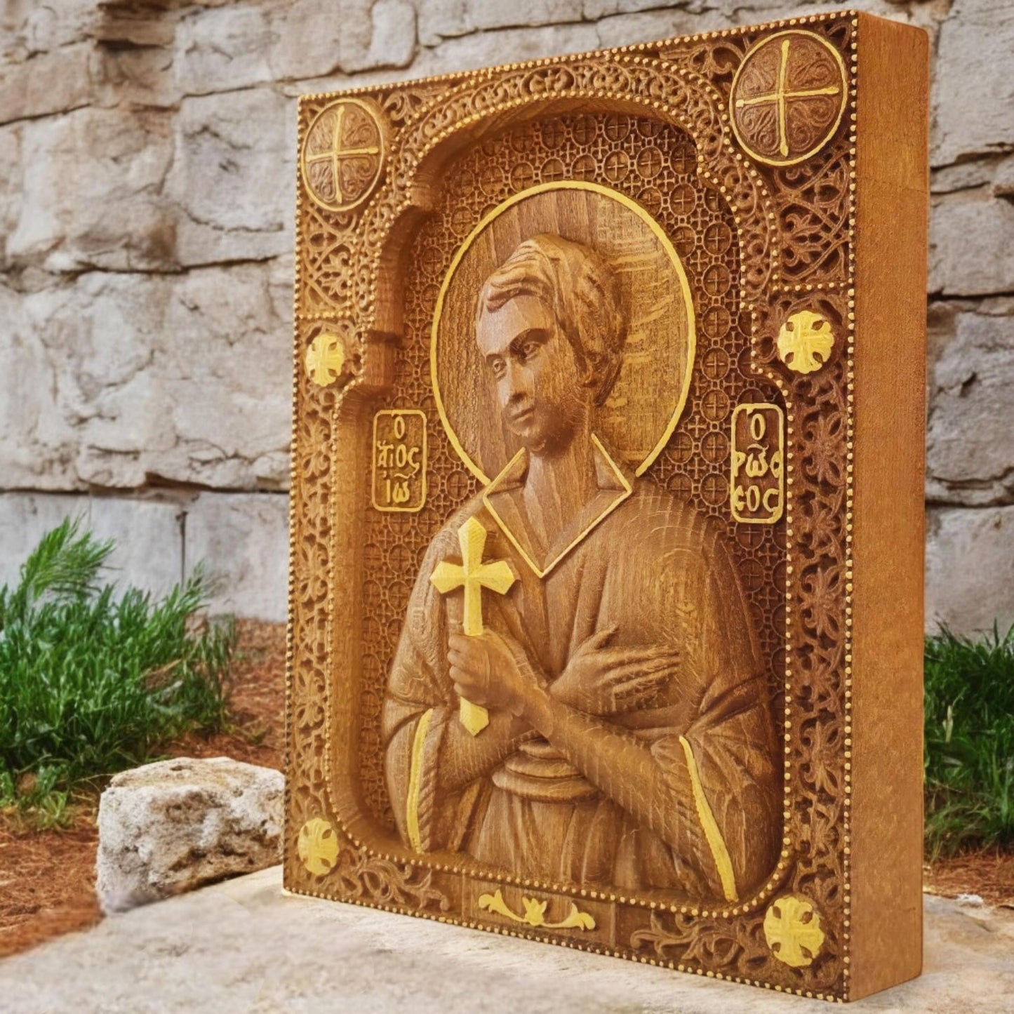 Saint John the Russian Wooden Carved Handcrafted Christian Religious Icon. Byzantine Home Wall Art Decor Gift. Orthodox Greek Woodcarving Sculpture.