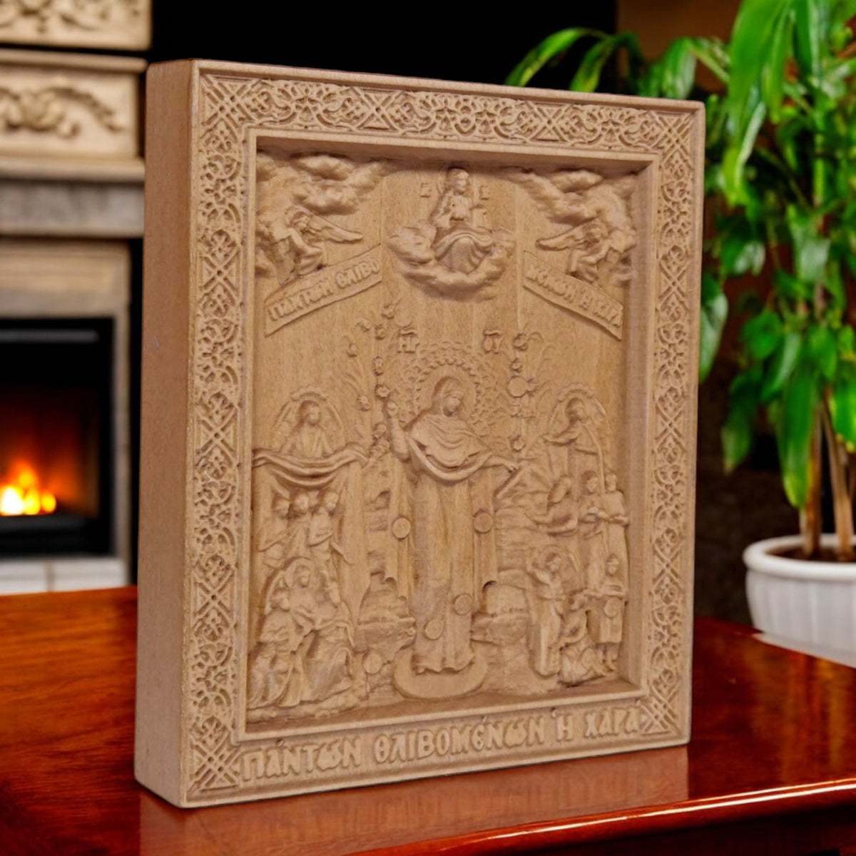 Mother of God Joy of All Who Sorrow Wooden Carved Handmade Christian Icon. Byzantine Greek Orthodox Home Art Decor.