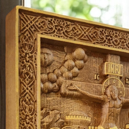 Crucifixion of Jesus Christ Wooden Carved Handcrafted Christian Religious Icon. Byzantine Home Wall Art Decor Gift. Orthodox Greek Woodcarving Sculpture.