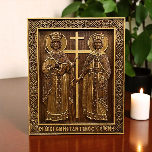 Saints Constantine and Helena Wooden Carved Handcrafted Christian Religious Icon. Byzantine Home Wall Art Decor Gift. Orthodox Greek Woodcarving Sculpture.