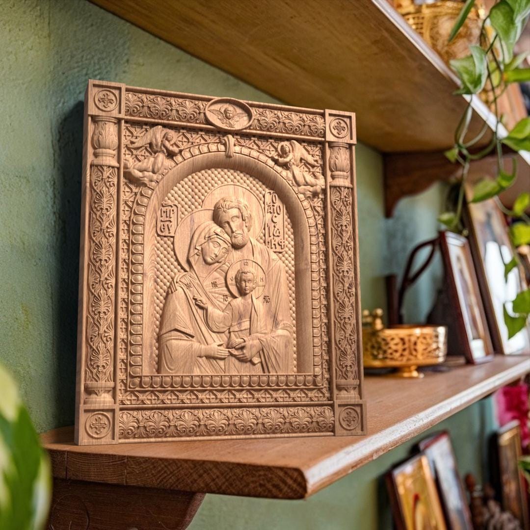Holy Family Wooden Carved Handcrafted Christian Religious Icon. Byzantine Home Wall Art Decor Gift. Orthodox Greek Woodcarving Sculpture.