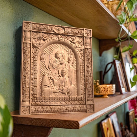 Holy Family Wooden Carved Handcrafted Christian Religious Icon. Byzantine Home Wall Art Decor Gift. Orthodox Greek Woodcarving Sculpture.