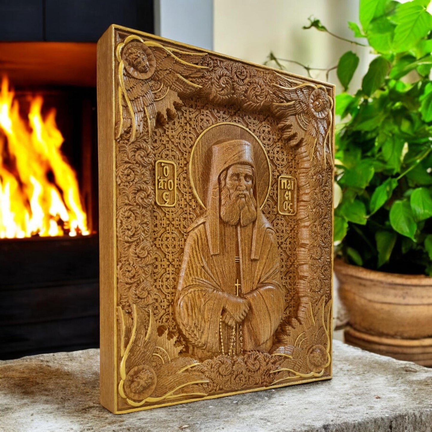 Saint Paisios of Mount Athos Wooden Carved Handcrafted Christian Religious Icon. Byzantine Home Wall Art Decor Gift. Orthodox Greek Woodcarving Sculpture.