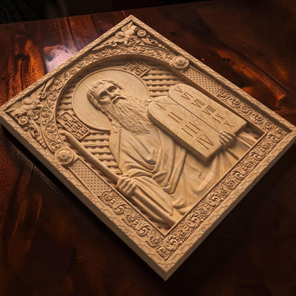 Prophet Moses Wooden Carved Handmade Christian Icon | Byzantine Greek Orthodox Home Art Decor