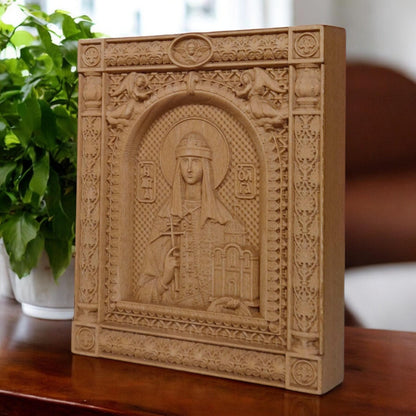 Saint Olga Wooden Carved Handmade Christian Icon. Byzantine Greek Orthodox Home Art Decor.