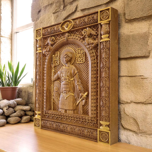 Saint George Wooden Carved Handcrafted Christian Religious Icon. Byzantine Home Wall Art Decor Gift. Orthodox Greek Woodcarving Sculpture.