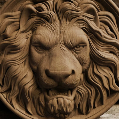 Lion Head in Plate Handmade Wooden Carving. Home Gift Wall Art Nature Decor.