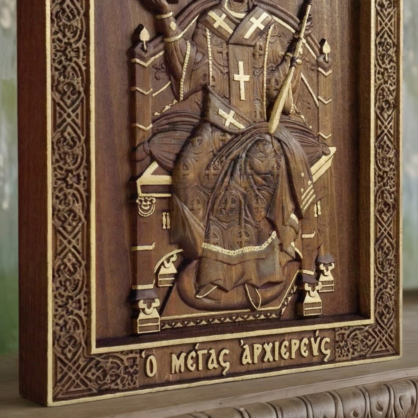 Jesus Christ Great High Priest Wooden Carved Handcrafted Christian Religious Icon. Byzantine Home Wall Art Decor Gift. Orthodox Greek Woodcarving Sculpture.