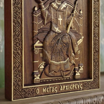 Jesus Christ Great High Priest Wooden Carved Handcrafted Christian Religious Icon. Byzantine Home Wall Art Decor Gift. Orthodox Greek Woodcarving Sculpture.