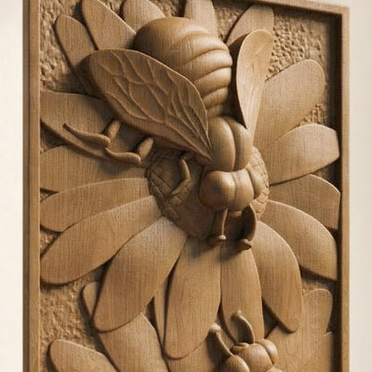 Bees Panel Handmade Wooden Carving. Home Gift Wall Art Nature Decor.