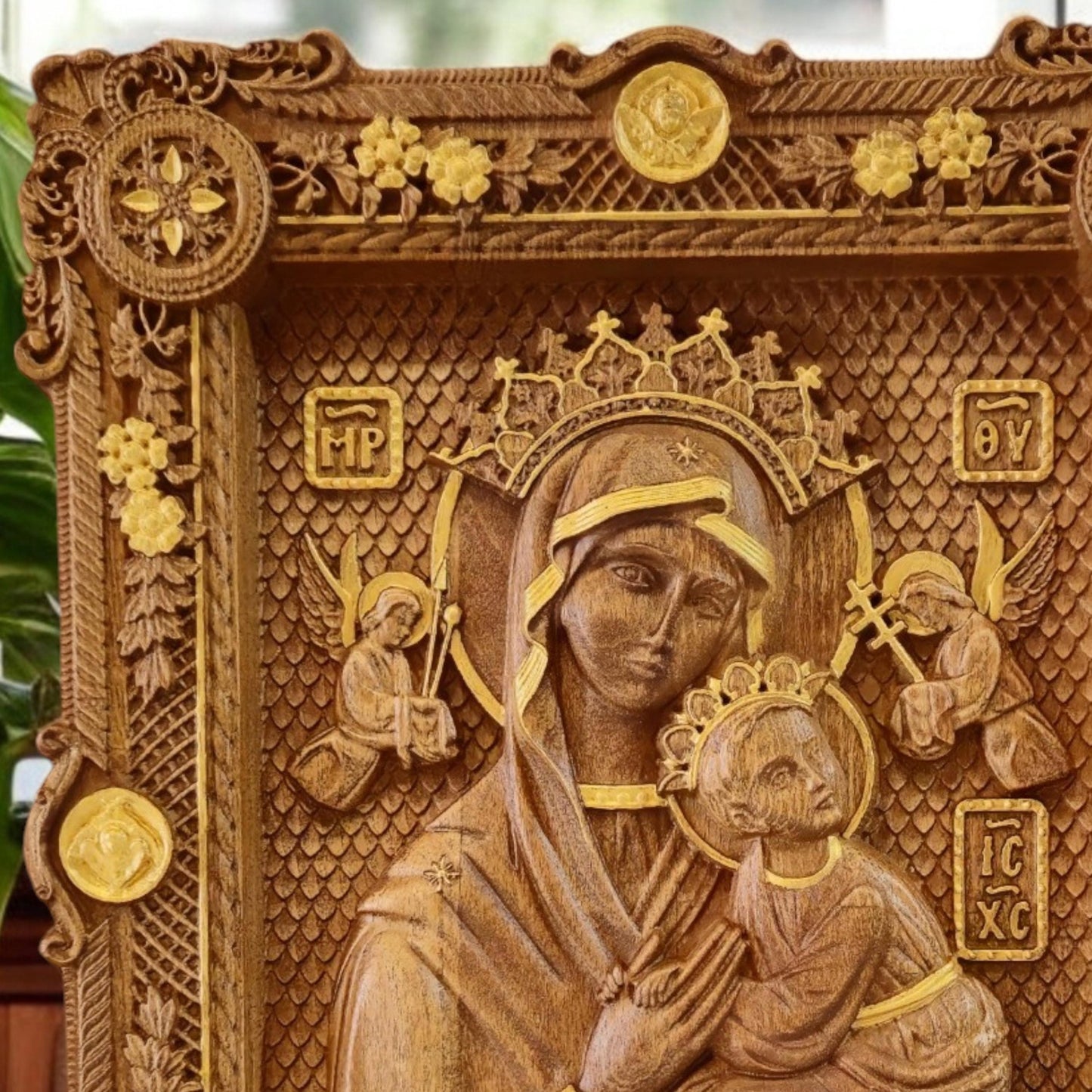 Virgin Mary of Perpetual Help Wooden Carved Handcrafted Christian Religious Icon. Byzantine Home Wall Art Decor Gift. Orthodox Greek Woodcarving Sculpture.