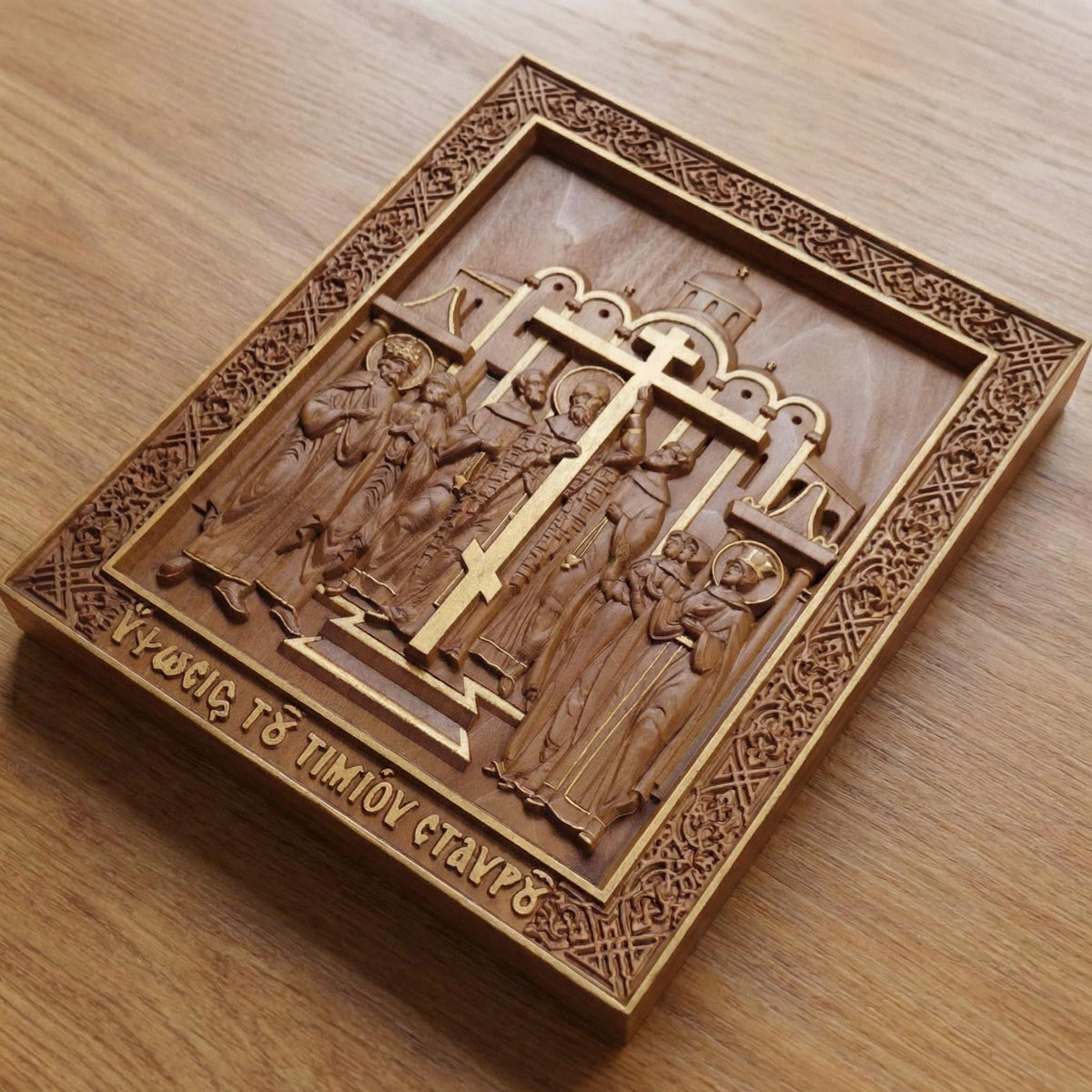 The Elevation of the Holy Cross Wooden Carved Handmade Christian Icon. Byzantine Greek Decor.