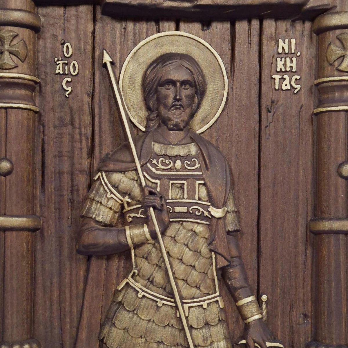 Saint Nikitas Wooden Carved Handmade Christian Icon. Byzantine Greek Orthodox Home Art Decor.