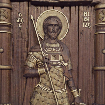 Saint Nikitas Wooden Carved Handmade Christian Icon. Byzantine Greek Orthodox Home Art Decor.