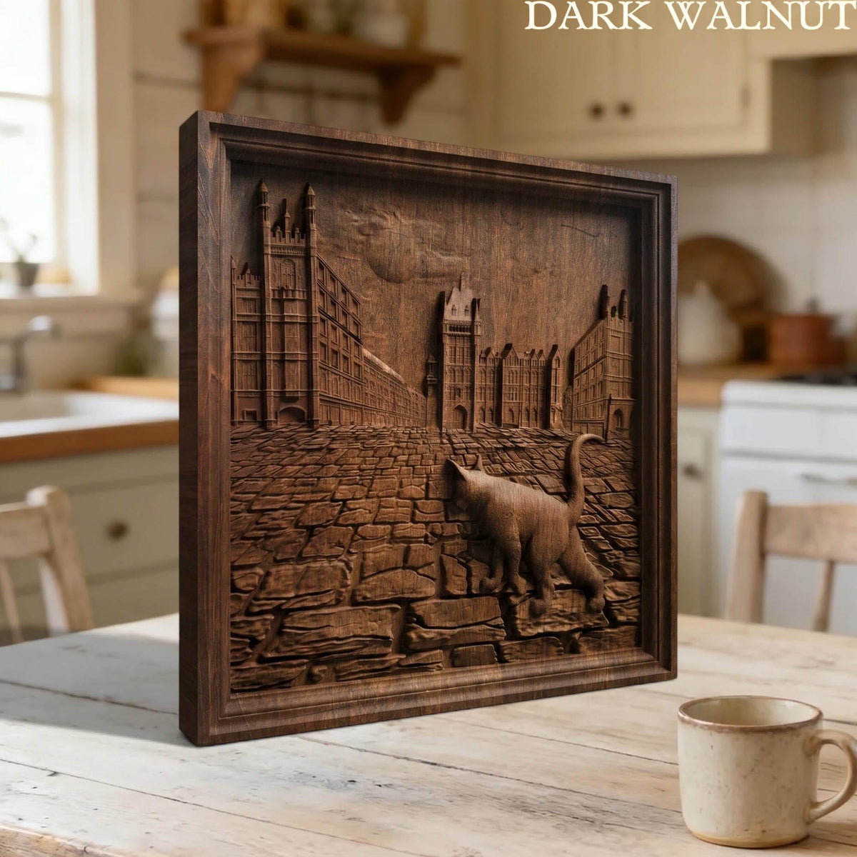 Cat Walking in the Street Framed Bas Relief | Wooden Cat Carving | Sculptural Gift Idea