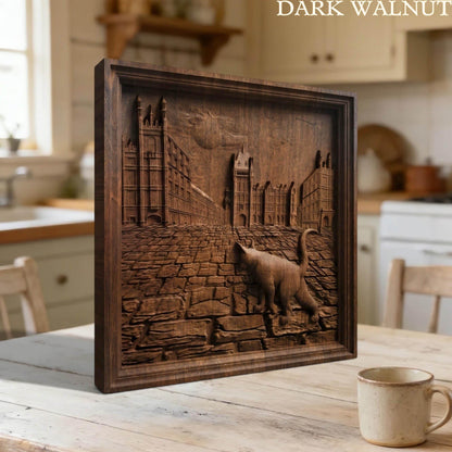 Cat Walking in the Street Framed Bas Relief | Wooden Cat Carving | Sculptural Gift Idea