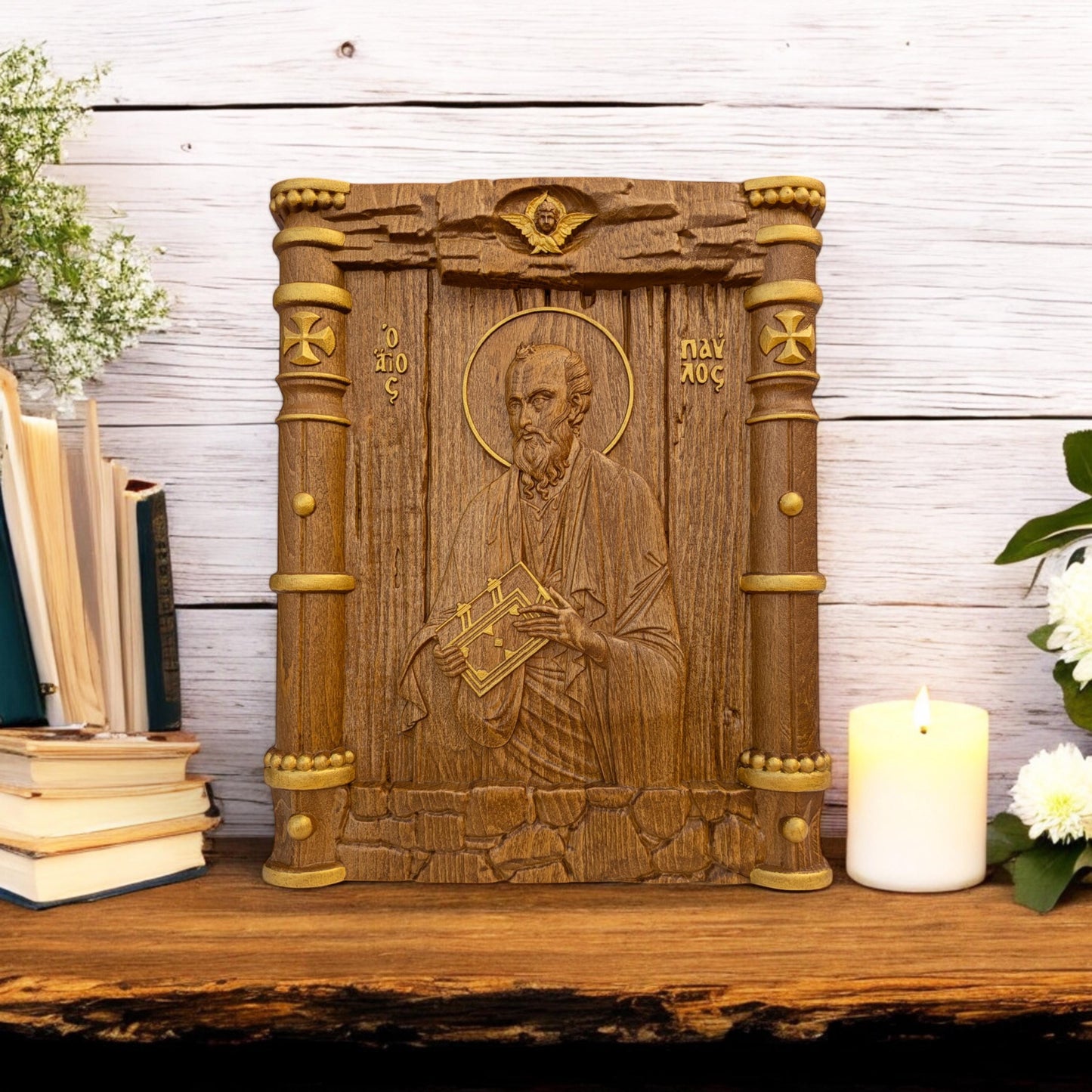 Saint Paul the Apostle Wooden Carved Handcrafted Christian Religious Icon. Byzantine Home Wall Art Decor Gift. Orthodox Greek Woodcarving Sculpture.