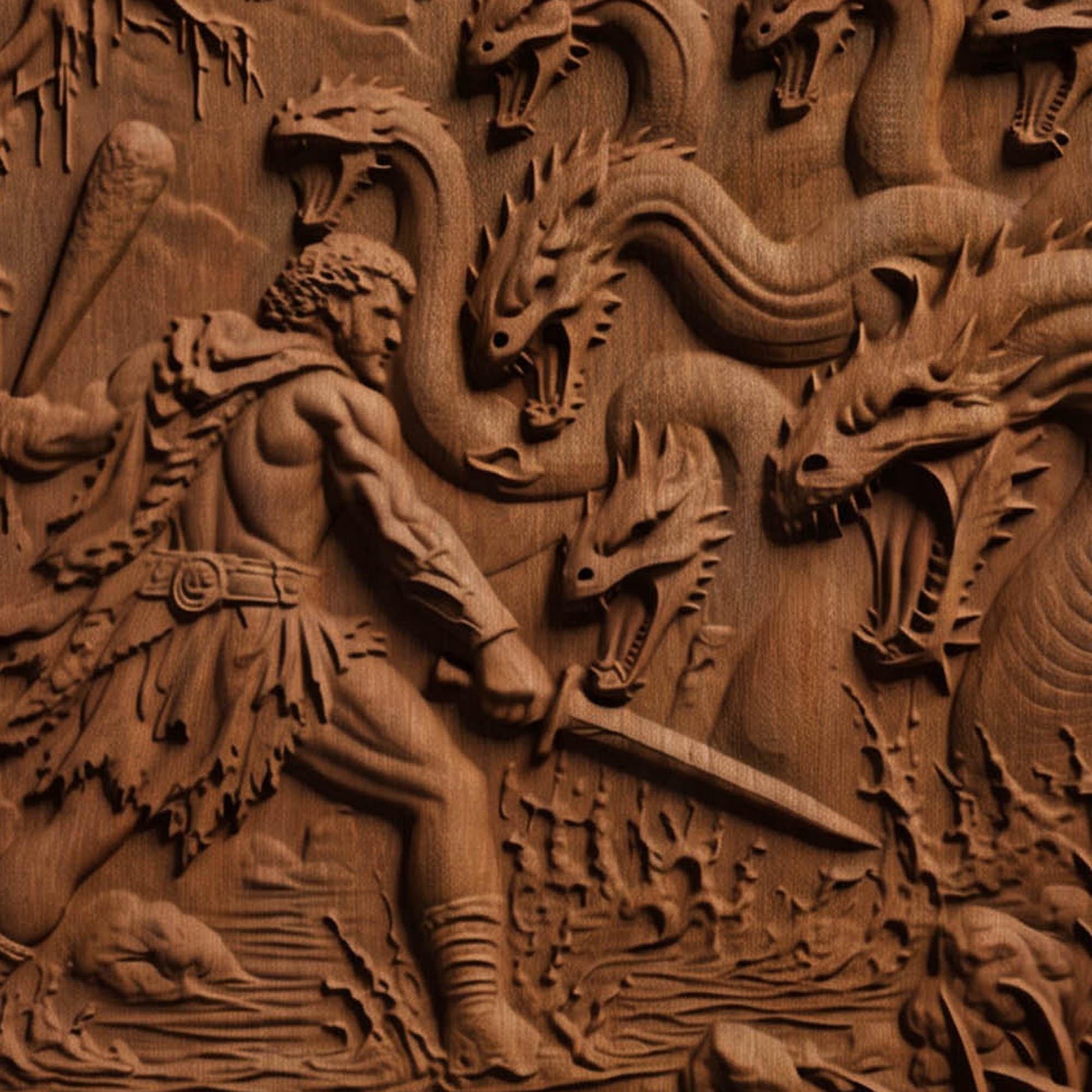 Hercules Fighting the Hydra 3D Wooden Bas Relief Panel Art Sculptural Gift Idea Cretan Holy Carvings