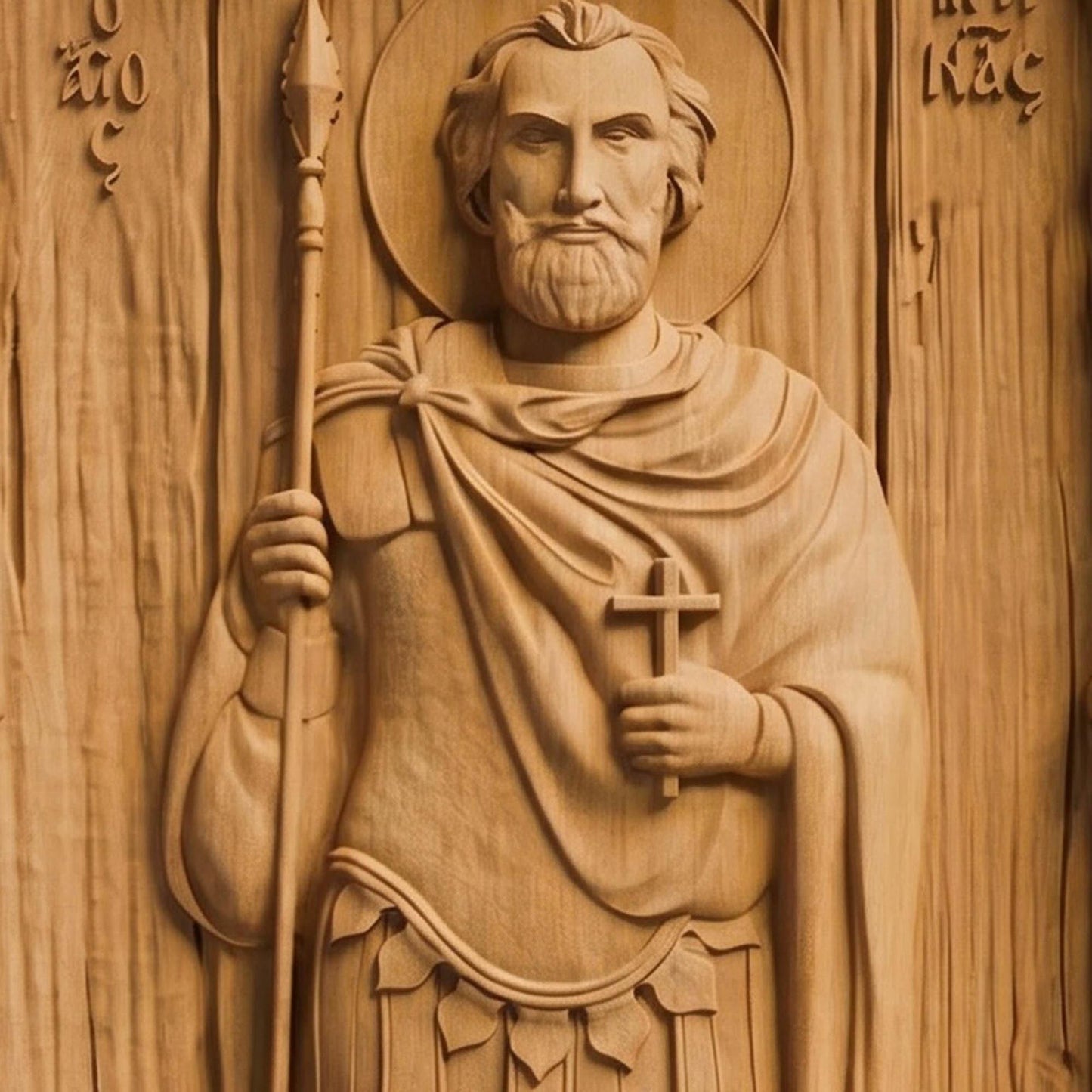 Saint Menas of Egypt Wooden Carved Handmade Christian Icon Patron Saint of Travelers Front Side Natural Wood Color Cretan Holy Carvings