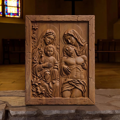 Jesus and Mother Mary Wooden Carved Handmade Christian Icon  Byzantine Greek Orthodox Home Decor Cretan Holy Carvings