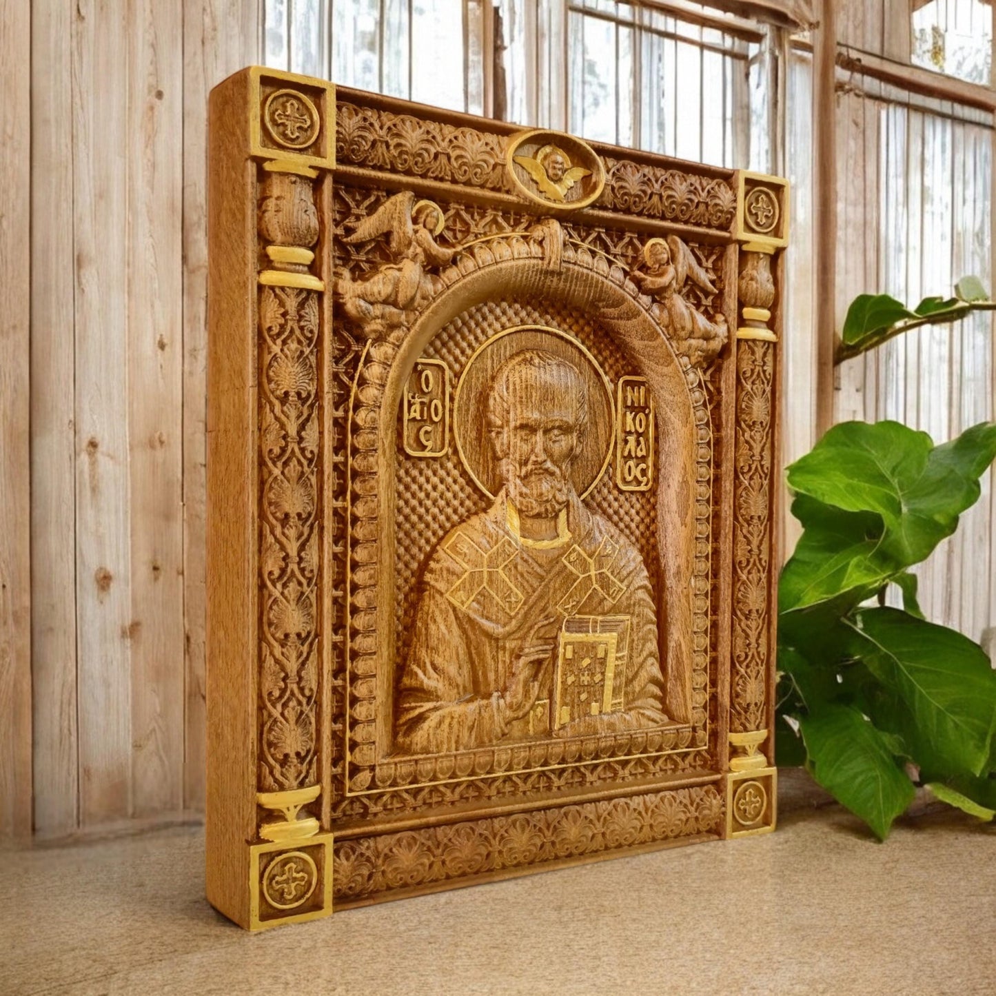 Saint Nicholas Wooden Carved Handcrafted Christian Religious Icon. Byzantine Home Wall Art Decor Gift. Orthodox Greek Woodcarving Sculpture.