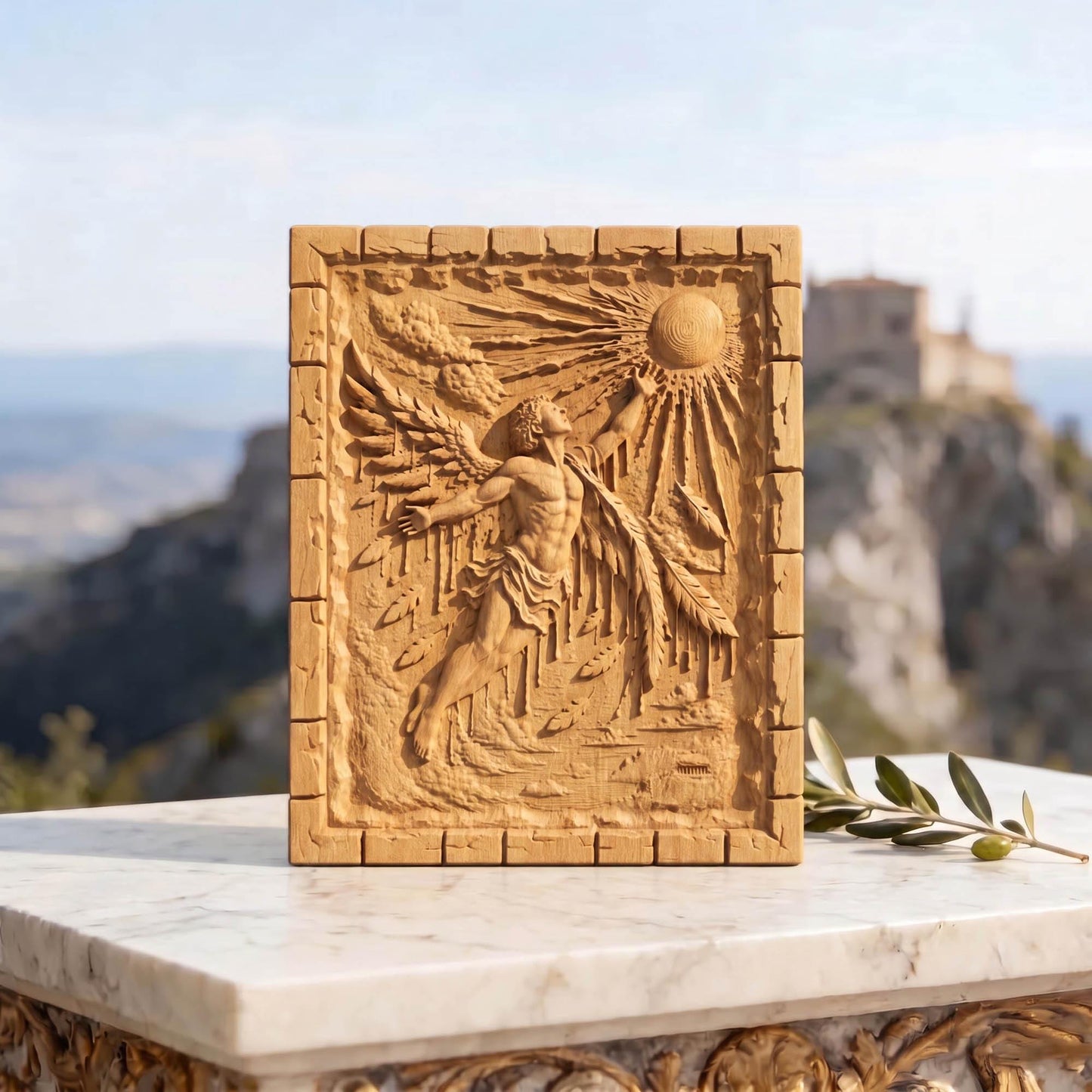 Icarus Melting Wings from Ancient Greek Mythology 3D Wooden Bas Relief Panel Art Sculptural Gift Idea Cretan Holy Carvings