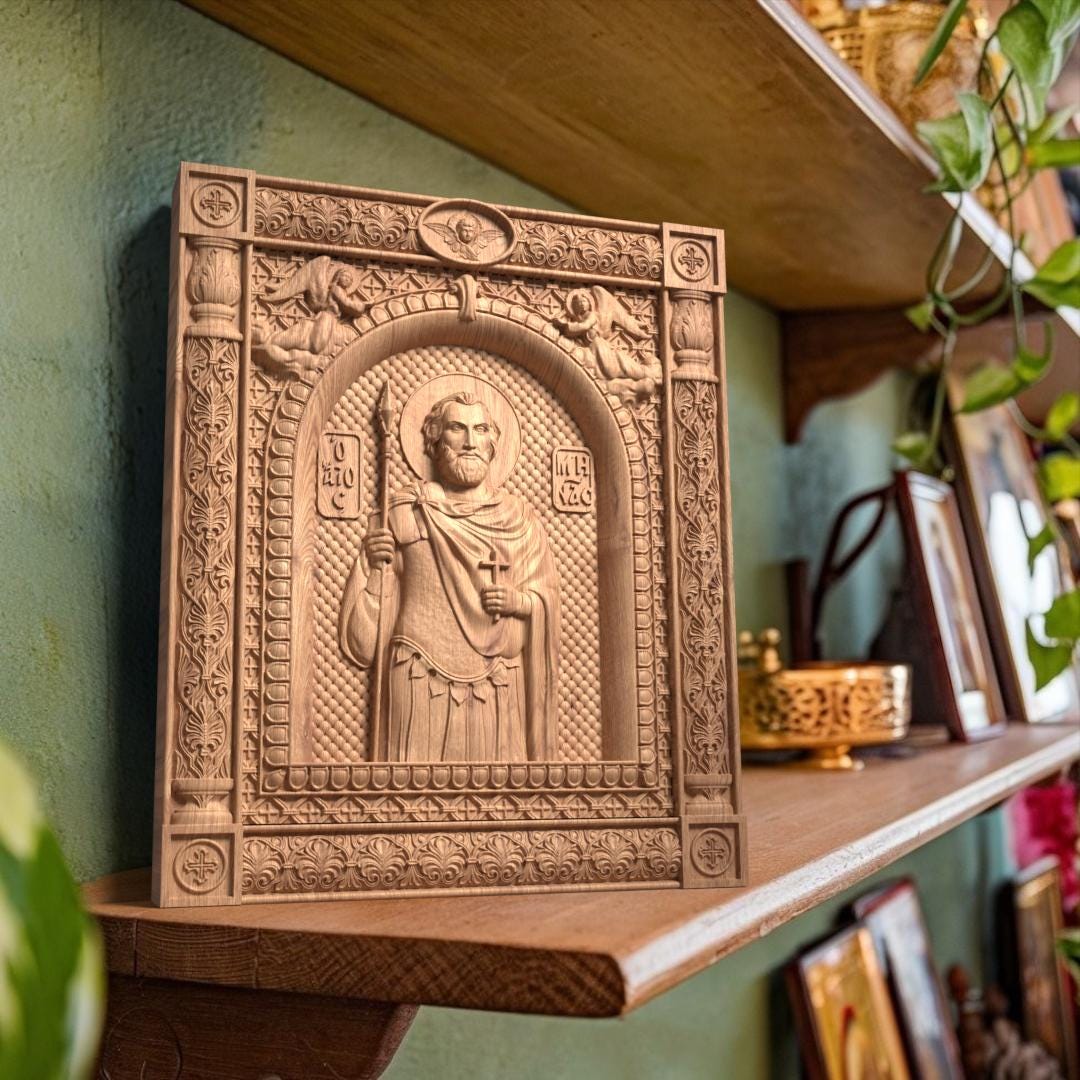 Saint Menas of Egypt Wooden Carved Handcrafted Christian Religious Icon. Byzantine Home Wall Art Decor Gift. Orthodox Greek Woodcarving Sculpture.