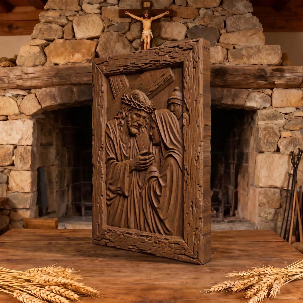 Virgin Mary Supports Jesus Wooden Carved Handmade Christian Icon  Byzantine Greek Orthodox Home Decor Cretan Holy Carvings