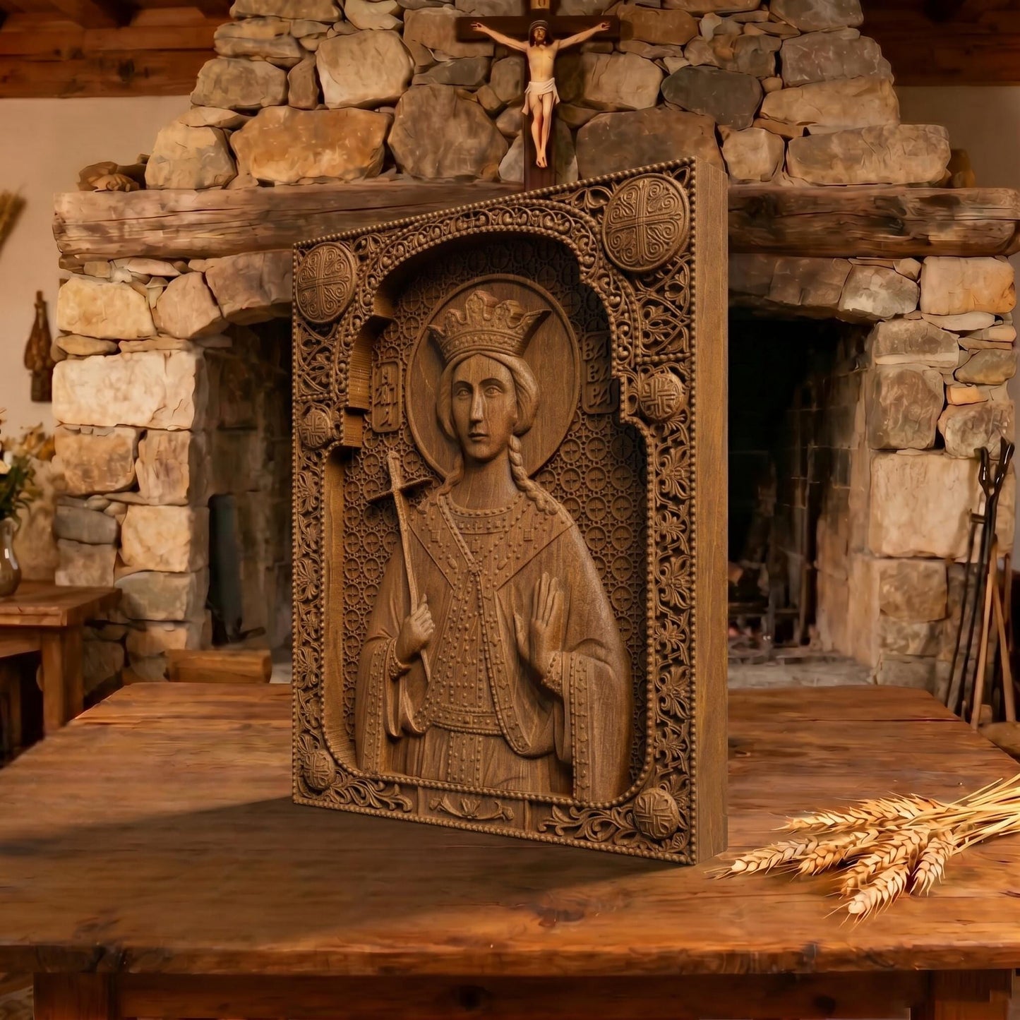 Saint Barbara Wooden Carved Handmade Christian Icon Patron Saint of Artillerymen Cretan Holy Carvings