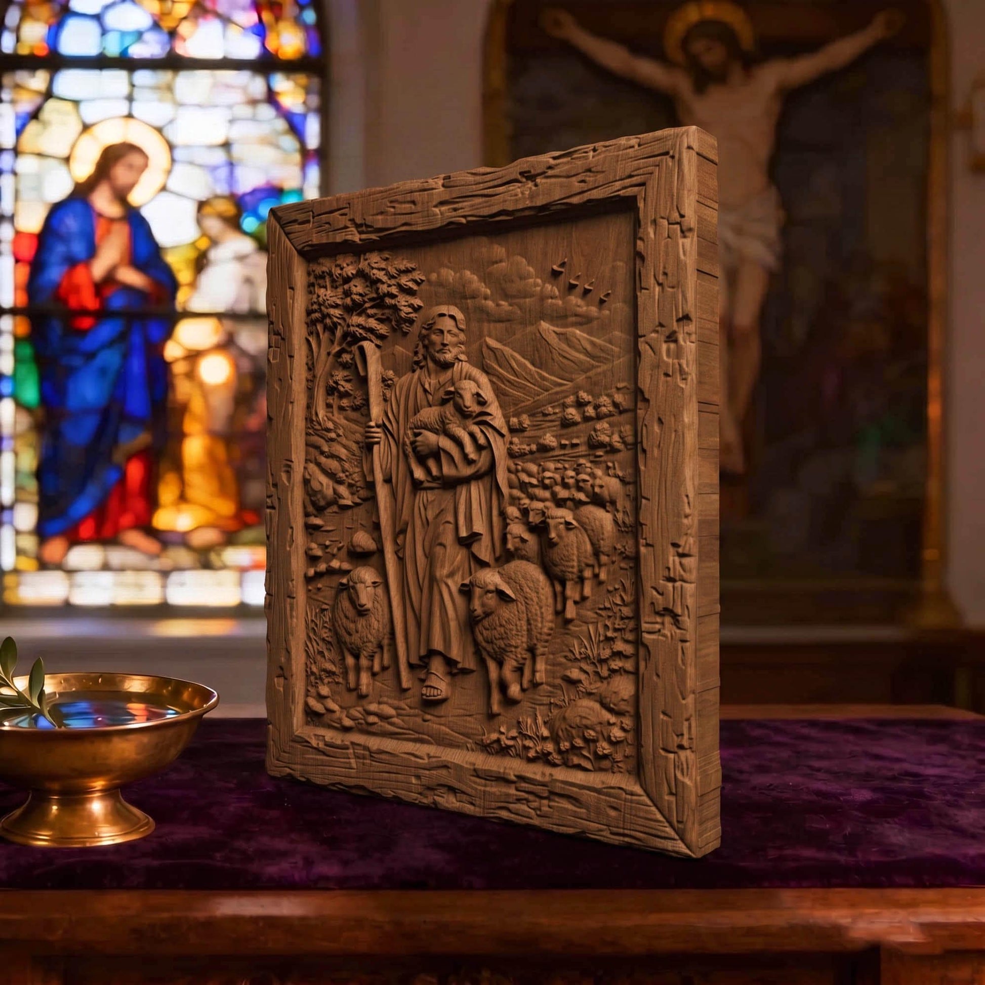 Jesus Christ the Good Shepherd Wooden Carved Handmade Christian Icon  Byzantine Greek Orthodox Home Decor Cretan Holy Carvings