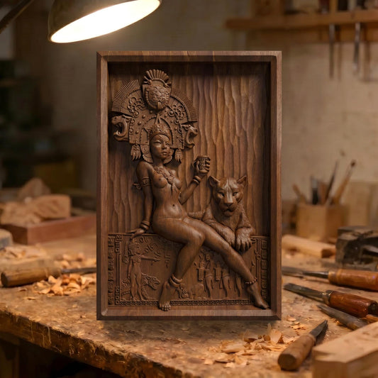 Aztec Woman Framed Bas Relief | Wooden Woman Carving | Sculptural Gift Idea