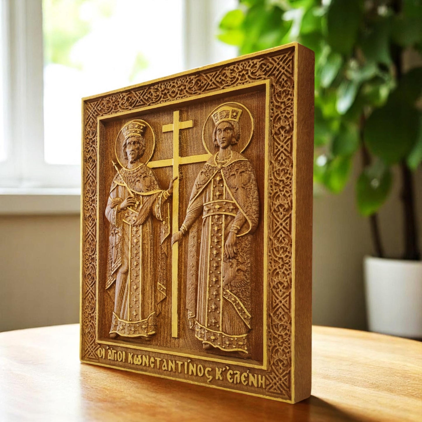 Saints Constantine and Helena Wooden Carved Handcrafted Christian Religious Icon. Byzantine Home Wall Art Decor Gift. Orthodox Greek Woodcarving Sculpture.