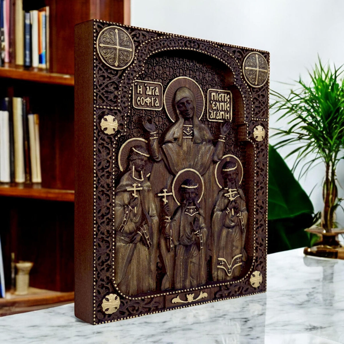 Saints Sophia Faith Hope Love Wooden Carved Handmade Christian Icon. Byzantine Greek Orthodox Decor.
