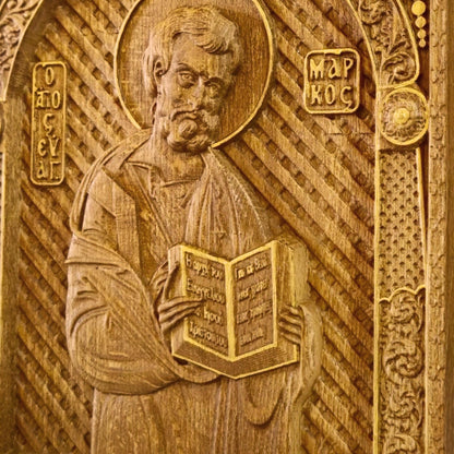 Mark the Evangelist Wooden Carved Handcrafted Christian Religious Icon. Byzantine Home Wall Art Decor Gift. Orthodox Greek Woodcarving Sculpture.