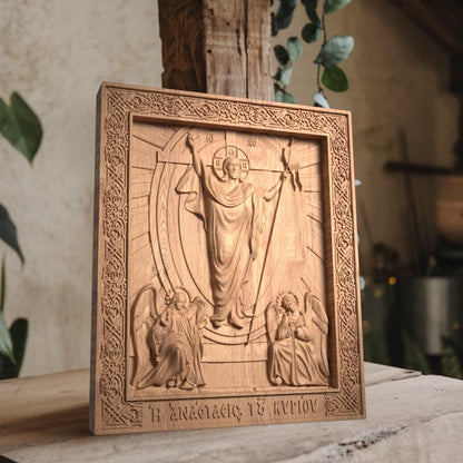 Resurrection of Jesus Wooden Carved Handcrafted Christian Religious Icon. Byzantine Home Wall Art Decor Gift. Orthodox Greek Woodcarving Sculpture.