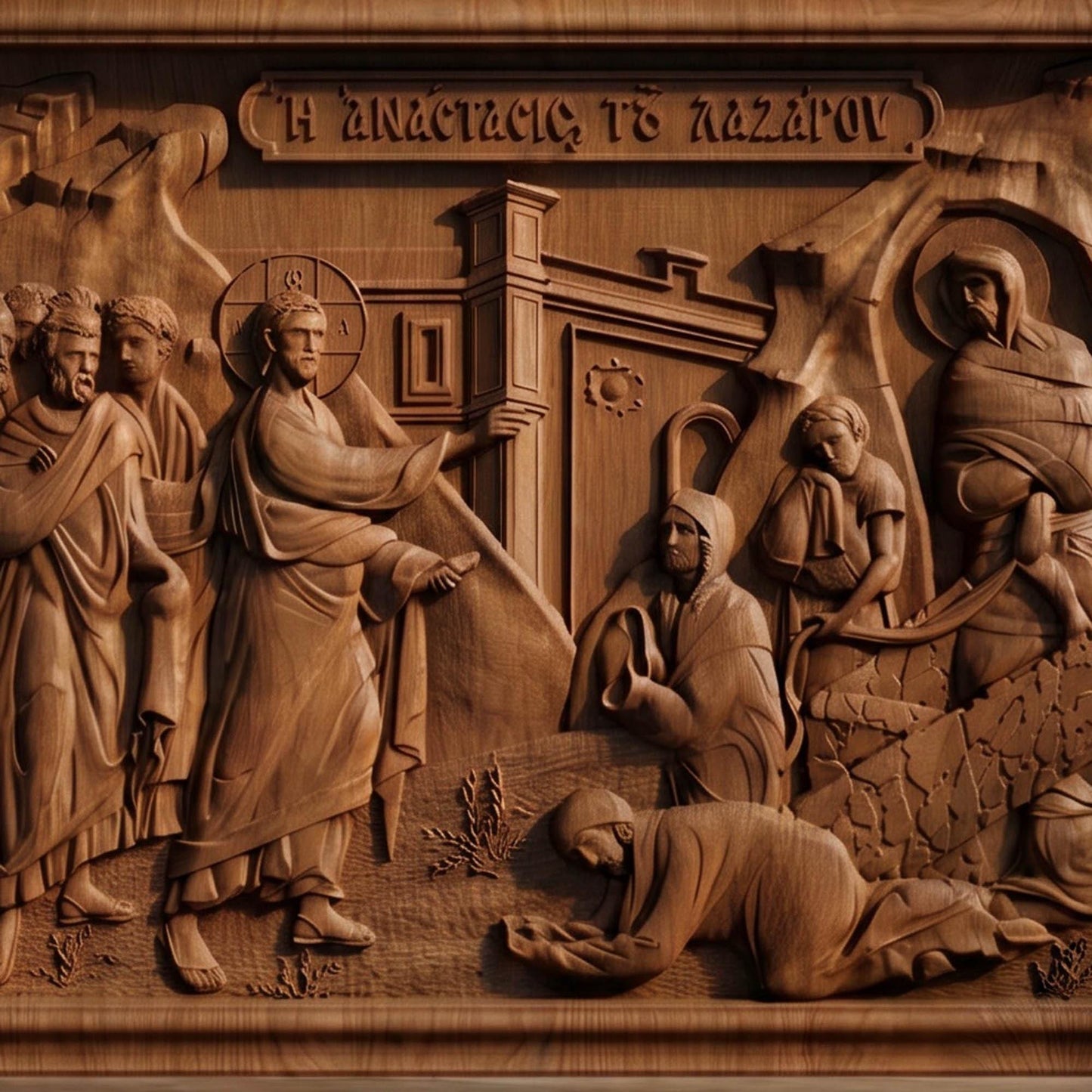 Lazarus Resurrection from Jesus Christ   Wooden Carved Handmade Christian Icon | Byzantine Greek Orthodox Home Art Decor