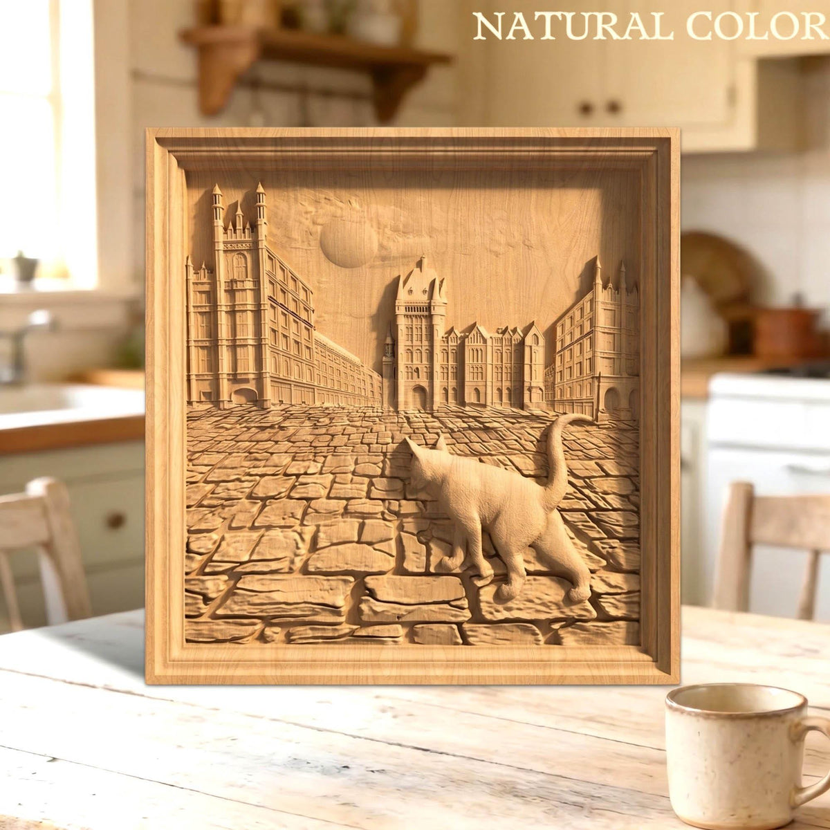 Cat Walking in the Street Framed Bas Relief | Wooden Cat Carving | Sculptural Gift Idea