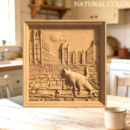 Cat Walking in the Street Framed Bas Relief | Wooden Cat Carving | Sculptural Gift Idea